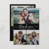 Elegant Script Hart Fotocollage Zwart Bruiloft Bedankkaart (Voorkant / Achterkant)