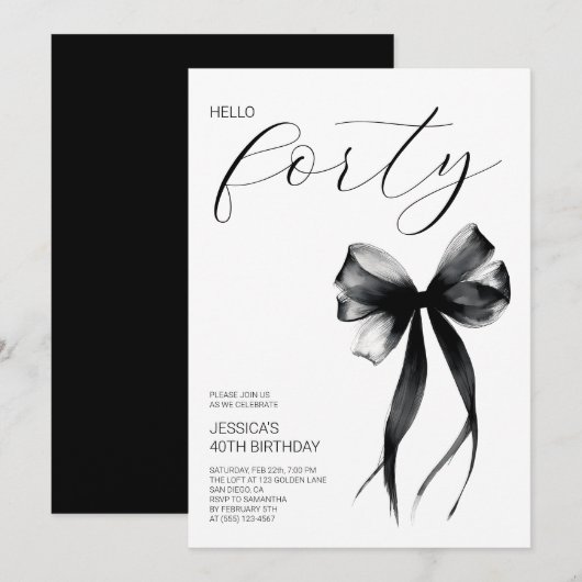 Elegant Script Hello Forty Bow 40th Birthday Party Kaart (Voorkant / Achterkant)