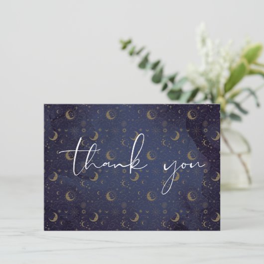 Elegant script hemelse mystieke sterren en manen bedankkaart (Staand voorkant)
