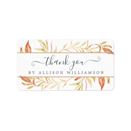 Elegant Script Herfst Golden Foliage Dank u Etiket (Voorkant)