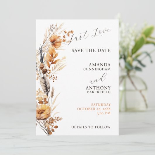 Elegant Script Herfst Herfst Bloemen Bruiloft Save The Date (Staand voorkant)
