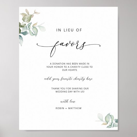 Elegant script, in plaats van gunsten groen teken poster (Voorkant)