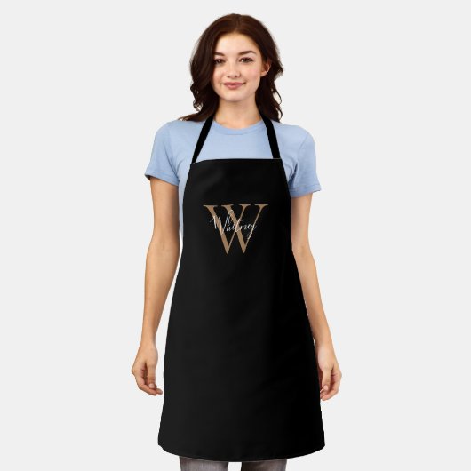 Elegant Script Initiaal Black Gold Monogram Apron Schort (Gedragen)