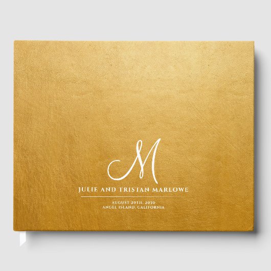 Elegant Script Initiaal Bruiloft Monogram Goud Gastenboek (Voorkant)