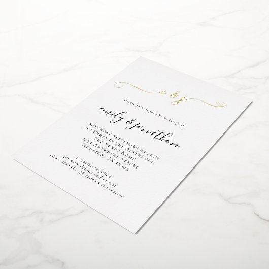 Elegant Script Initiaal QR Code Weddenschap Real Folie Uitnodiging (Gedraaid)