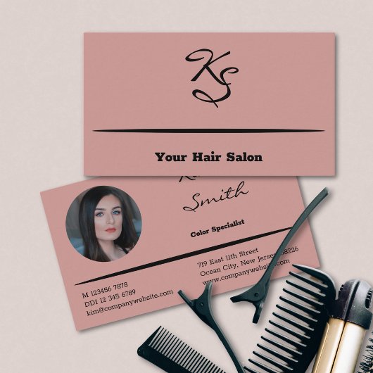 Elegant Script Initialen Hair Stylist Roze Visitekaartje