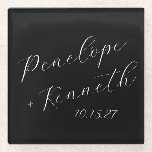 Elegant Script Kalligrafie Huwelijk Custom Black Glazen Onderzetter (Voorkant)