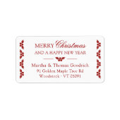 Elegant script Kerst Red Holly Retouradres Etiket (Voorkant)