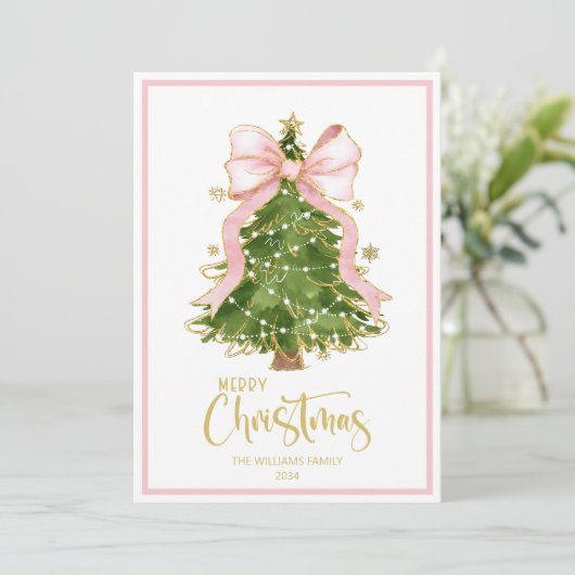 Elegant script kerstboom roze boog feestdagenkaart (Staand voorkant)