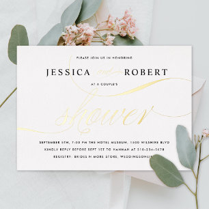 Elegant Script Koppel Bruiloft Goud Folie Uitnodiging