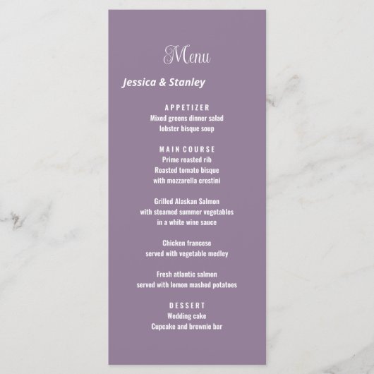 Élégant script lavande menu réception mariage (Devant)