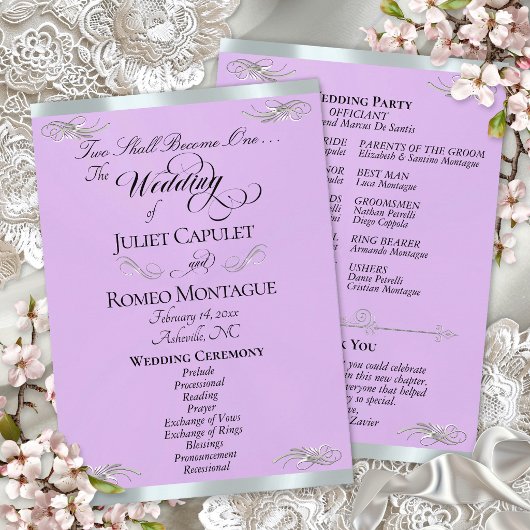 Elegant Script - Lavendel/Zilveren Bruiloft Programma