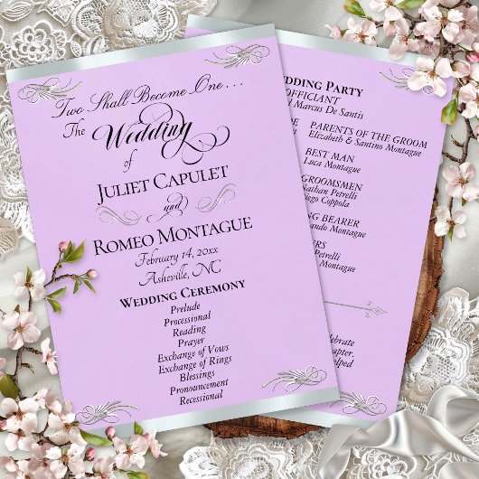 Elegant Script - Lavendel/Zilveren Bruiloft Programma