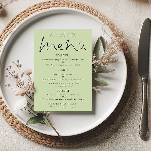 Elegant Script Limoen Cream Green Wedding Menu Kaa Kaart