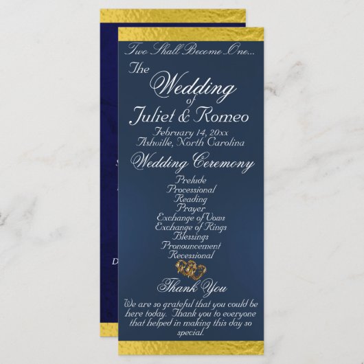 Elegant script & lint - Blauw/Gouden bruiloft Programma (Voorkant / Achterkant)