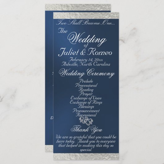 Elegant script & lint - Blauw/Zilveren bruiloft Programma (Voorkant / Achterkant)