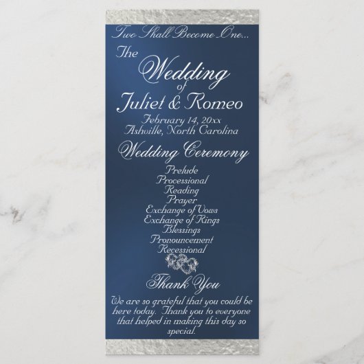 Elegant script & lint - Blauw/Zilveren bruiloft Programma (Voorkant)