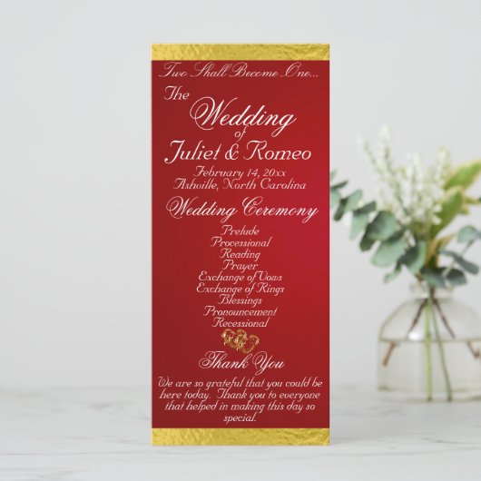 Elegant script & lint - Crimson/Gold Wedding Programma (Staand voorkant)