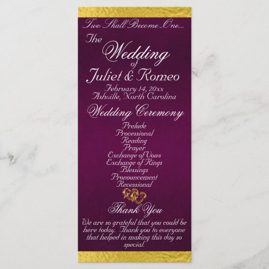 Elegant script & lint - Paarse/gouden bruiloft Programma (Voorkant)