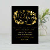 Elegant Script Loofwerk Trouwdag Zwart en Goud Fol Folie Uitnodiging (Staand Voorkant)
