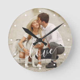 Elegant Script "Love" Custom Photo Ronde Klok