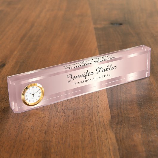 Elegant Script Luxurious Rose Gold With Clock Naambordje (Zijkant)