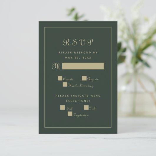 Elegant Script Maaltijd Bruiloft Enclosure Groen G RSVP Kaartje (Staand voorkant)