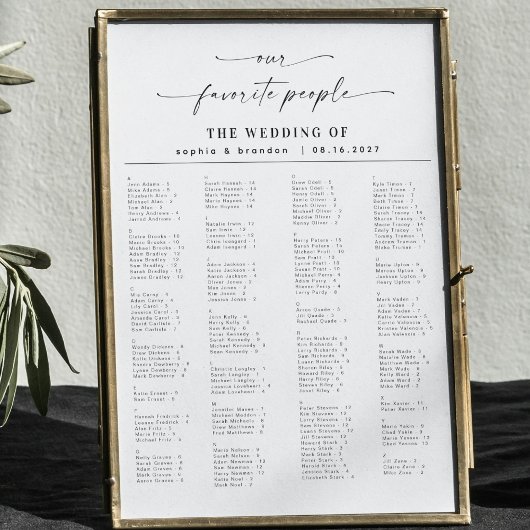 Élégant Script Mariage Alphabétique Tableau de siè