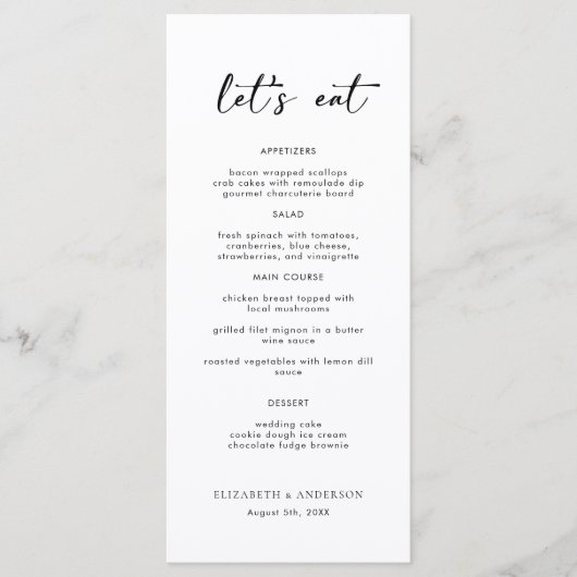 Élégant Script Mariage Diner Carte Menu (Devant)