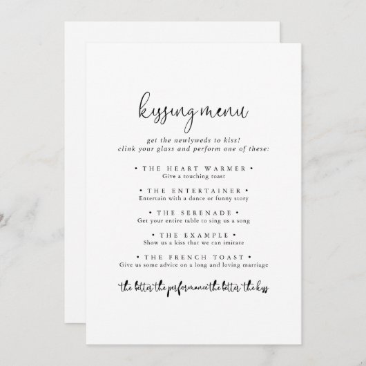 Élégant Script Mariage Kissing Menu Carte de jeu (Devant / Derrière)