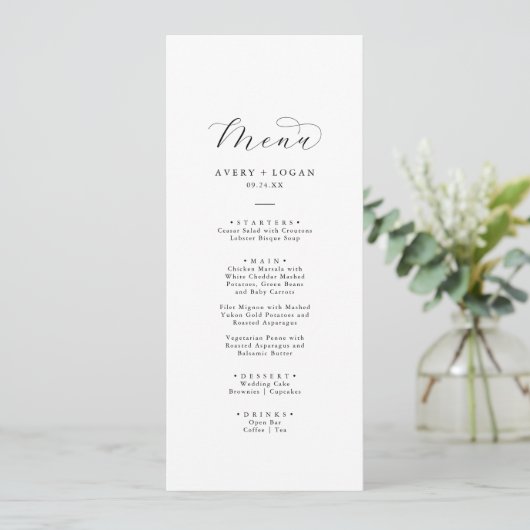 Élégant Script Mariage Menu Dîner (Debout devant)