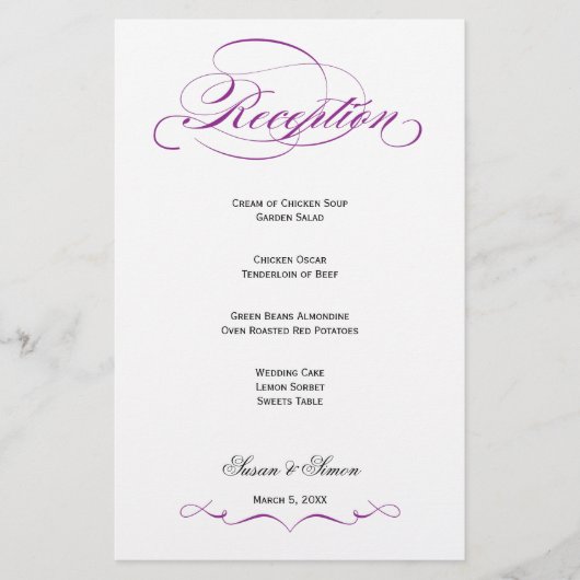 Elégant Script Mariage Menu Réception - Violet (Devant)