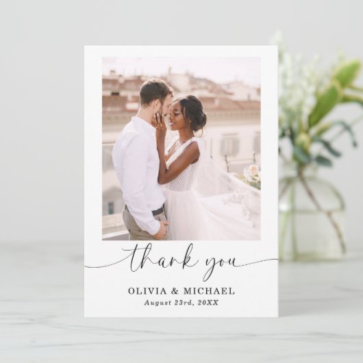 Élégant script Mariage photo Carte de remerciement (Debout devant)