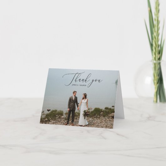 Élégant script Mariage photo Merci plié carte (Devant)