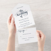 Elegant Script Marine Blauw en Wit Modern Wedding All In One Uitnodiging (Afscheurbaar)