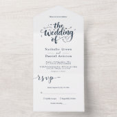 Elegant Script Marine Blauw en Wit Modern Wedding All In One Uitnodiging (Binnen)