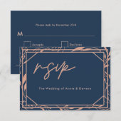 Élégant Script Marine Or Rose Gold Mariage RSVP (Devant / Derrière)