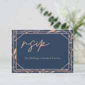 Élégant Script Marine Rose Gold Wedding RSVP (Debout devant)