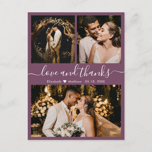 Élégant Script Mauve Mariage carte postale Merci (Devant)