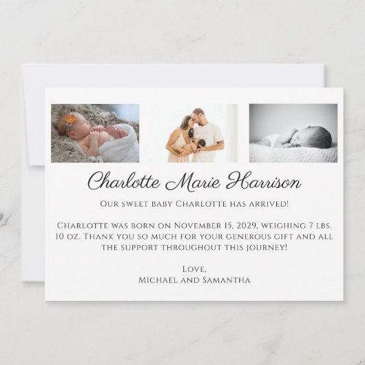 Élégant script Merci photo Faire-part de naissance (Dos)