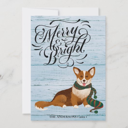 Elegant Script MERRY en BRIGHT Cute Corgi Fun Feestdagenkaart (Voorkant)