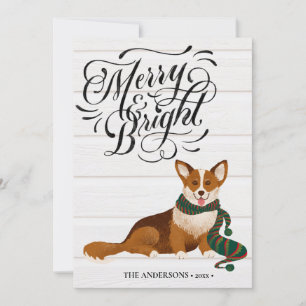 Elegant Script MERRY en BRIGHT Cute Corgi Fun Feestdagenkaart