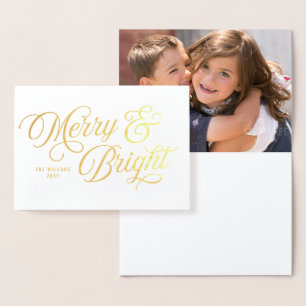 Elegant Script Merry en Bright met Foto Folie Kaarten