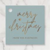Elegant Script Merry Kerstmis Blauwgroen Star Lite Bedankjes Labels (Voorkant)