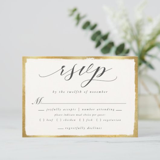 Elegant script met Gold Edge Meal Choice Wedding RSVP Kaartje (Staand voorkant)