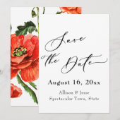 Elegant script met rode klaprozen Save the Date ka (Voorkant / Achterkant)
