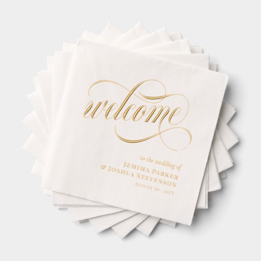 Elegant script met wervelingen bruiloft welkom gou folie servetten (Insitu (Gestapeld))