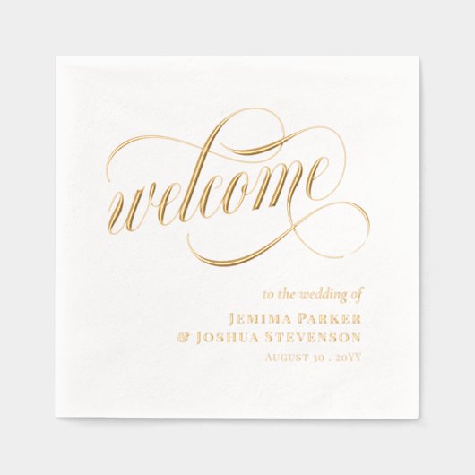 Elegant script met wervelingen bruiloft welkom gou folie servetten (Voorkant)