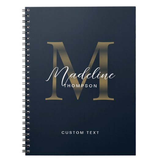 Elegant Script Metaal Navy Blauw Goud Monogram Notitieboek (Voorkant)
