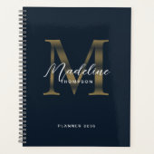 Elegant Script Metallic Navy Blue Gold Monogram Planner (Voorkant)